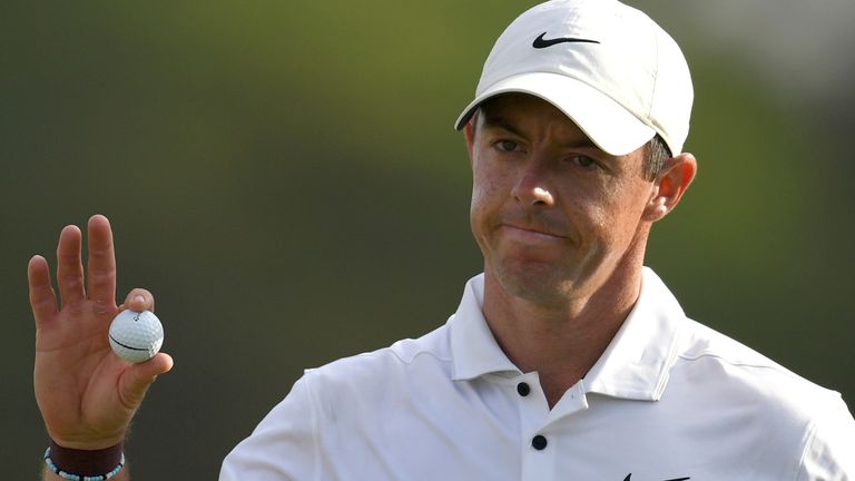 Rory McIlroy of Northern Ireland reacts after finishing on the 18th green during DP World Tour Championship in Dubai, United Arab Emirates, Sunday, Nov. 20, 2022. (AP Photo/Martin Dokoupil)