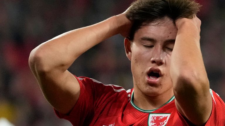Wales' Rubin Colwill reacts after missing a scoring chance during the UEFA Nations League soccer match between Wales and Poland at the Cardiff City Stadium in Cardiff, Wales, Sunday, Sept. 25, 2022. (AP Photo/Frank Augstein)