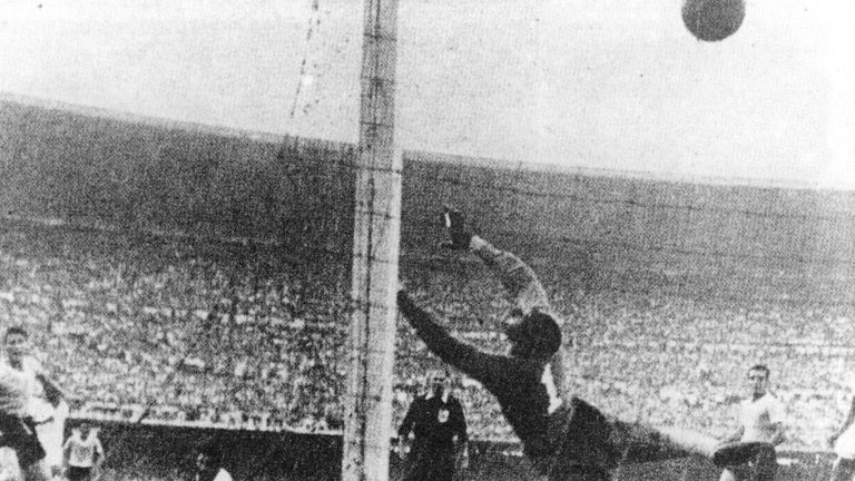 Uruguay's Schiaffino scores during the World Cup match against Brazil in 1950