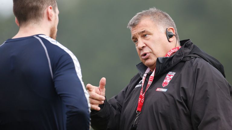 Picture by Ed Sykes/SWpix.com - 18/10/2022 - England RL Training - Robin Park Arena, Wigan, England - England head coach Shaun Wane with John Bateman