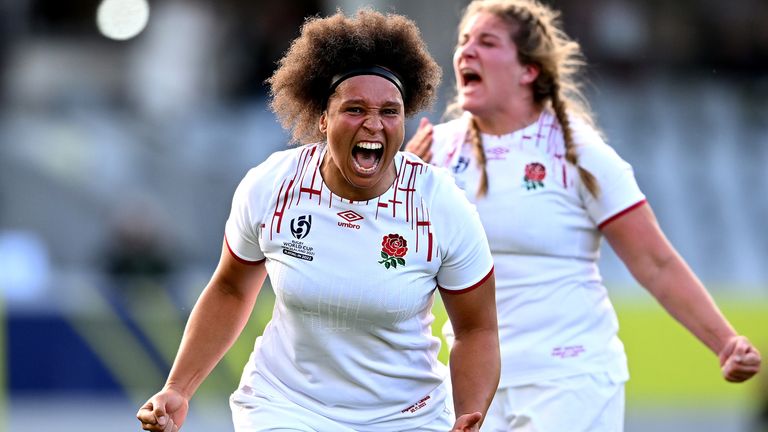 Shaunagh Brown celebrates at the final whistle after England beat Canada 26-19 in their Rugby World Cup semi-final