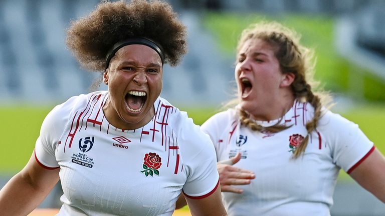 Shaunagh Brown of England celebrates after winning their women's rugby World Cup semifinal against Canada at Eden Park in Auckland, New Zealand, Saturday, Nov.5, 2022. (Andrew Cornaga/Photosport via AP)