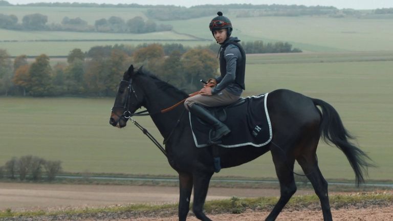 Jaydon Lee on board Shishkin on the gallops at Nicky Henderson's yard