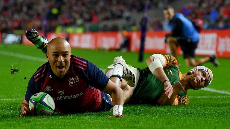 10 November 2022; Simon Zebo of Munster scores his side's second try during the match between Munster and South Africa Select XV at P..irc Ui Chaoimh in Cork. Photo by David Fitzgerald/Sportsfile