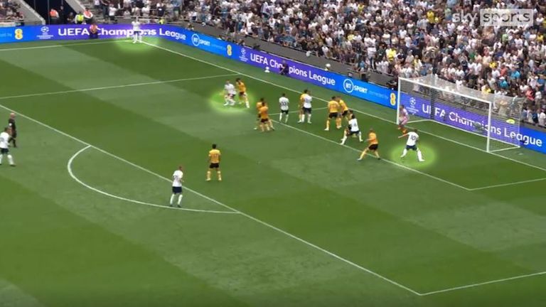 Against Wolves, Heung-Min Son's corner is flicked on by Perisic, with Kane losing defender Nathan Collins and finishing at the far post