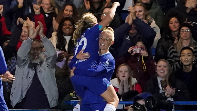 Sophie Ingle celebrates scoring for Chelsea in their Champions League clash with Real Madrid