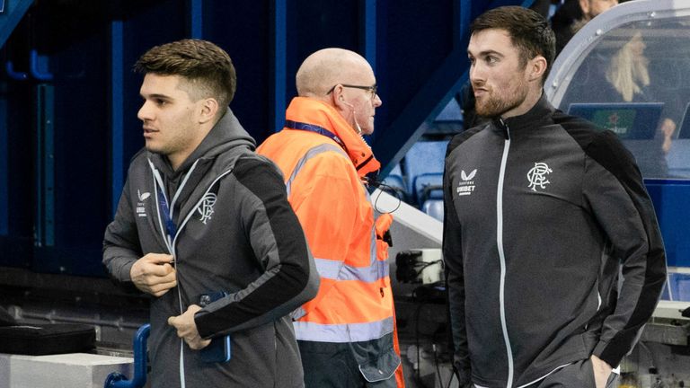 GLASGOW, SCOTLAND - OCTOBER 12: Injured Rangers' players Ianis Hagi (L) and John Souttar during a UEFA Champions League match between Rangers and Liverpool at Ibrox Stadium, on October 12, 2022, in Glasgow, Scotland. (Photo by Alan Harvey / SNS Group)