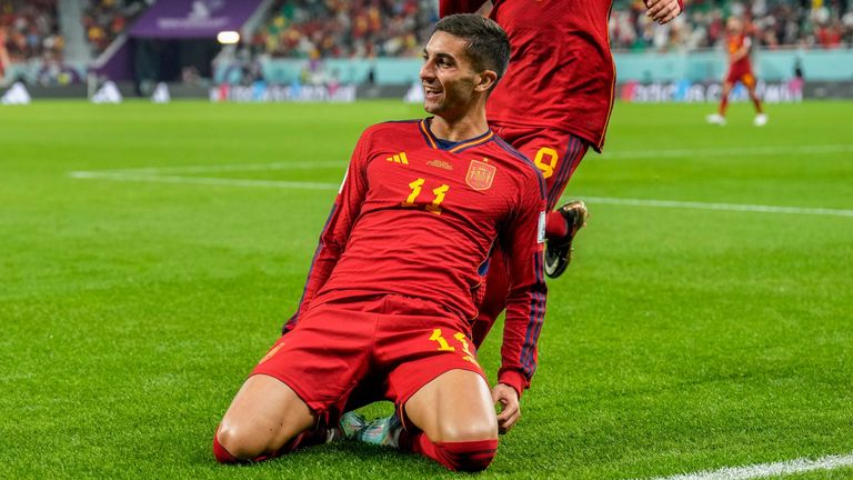 Ferran Torres celebrates after scoring his second goal against Costa Rica