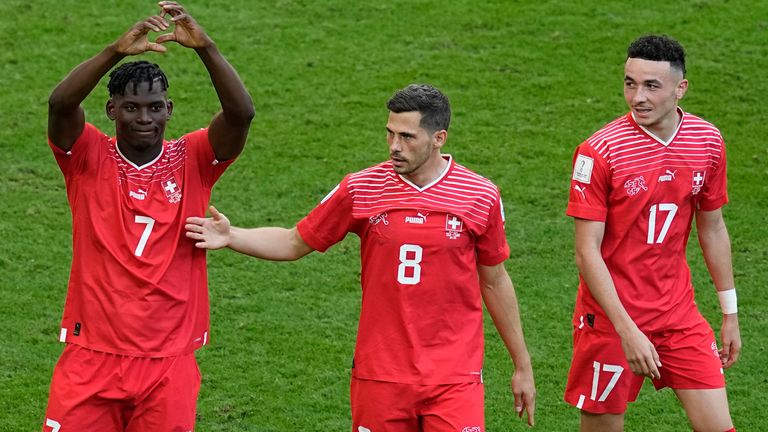 Switzerland's Breel Embolo celebrates after scoring against Cameroon in World Cup Group G
