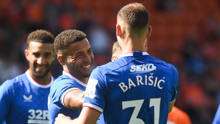 BLACKPOOL, ENGLAND - JULY 16: Rangers&#39; Borna Barisic (R) celebrates making it 1-0 with James Tavernier during a pre-season friendly match between Blackpool and Rangers at Bloomfield Road, on July 16, 2022, in Blackpool, England. (Photo by Craig Foy / SNS Group)