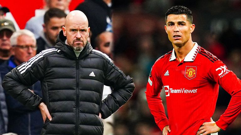 Cristiano Ronaldo (right) has done an explosive interview criticising Manchester United and Erik ten Hag (left)