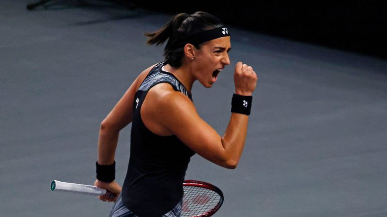 Caroline Garcia of France reacts after winning a game in the second set against Coco Gauff during round robin play on day two of the WTA Finals tennis tournament in Fort Worth, Texas, Tuesday, Nov. 1, 2022. Garcia won 6-4, 6-3. (AP Photo/Ron Jenkins)