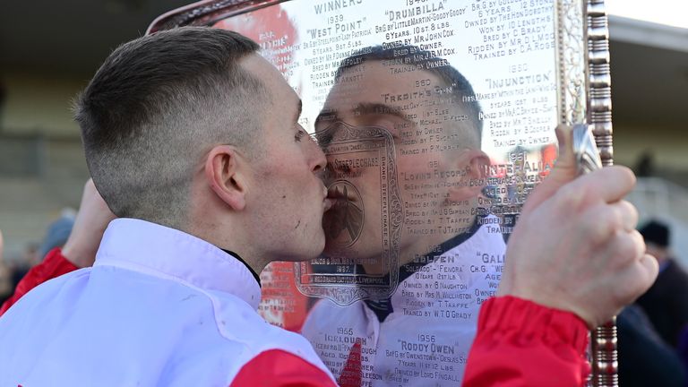 Keith Donoghue kissing the trophy after his success in the Troytown on The Big Dog