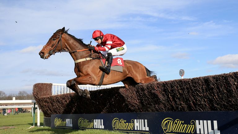 The Paddy Pie, ridden by Danny Cook, clears the last fence to win at Haydock