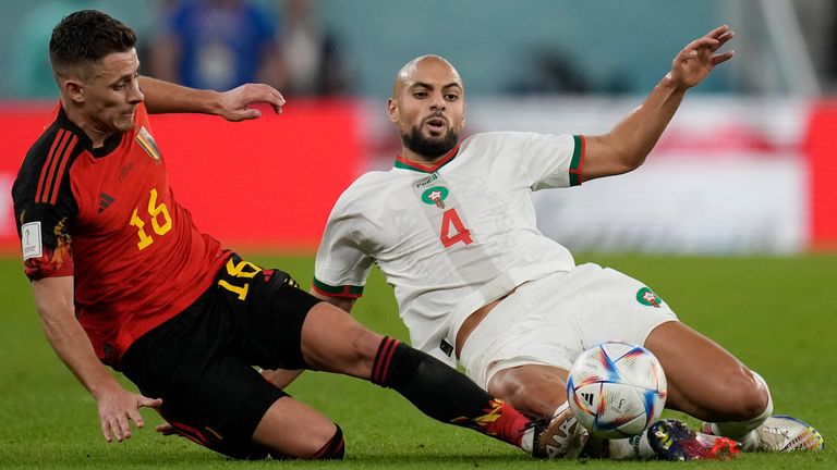 Belgium&#39;s Thorgan Hazard and Morocco&#39;s Sofyan Amrabat challenge for the ball