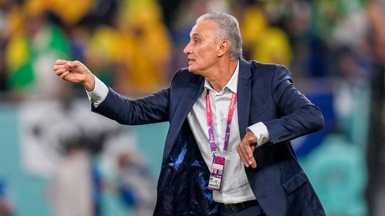 Brazil's head coach Tite gives instruction inside the box team area during the World Cup group G soccer match between Brazil and Switzerland, at the Stadium 974 in Doha, Qatar, Monday, Nov. 28, 2022. (AP Photo/Andre Penner)