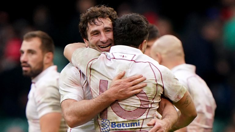 Alexander Todua celebrates his crucial try, on his 100th cap for Georgia