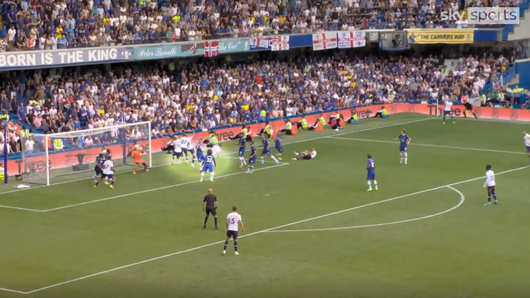 Four Spurs players attack the near post as Harry Kane equalises against Chelsea, with Eric Dier (pictured on the turf) having pulled his marker away to create space for his team-mates