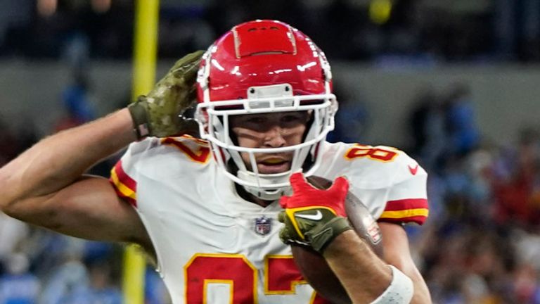 FILE – In this Dec. 13, 2018, file photo, Kansas City Chiefs tight end  Travis Kelce (87) during warm-ups before the start of an NFL football game  in Kansas City, Mo. Kelce