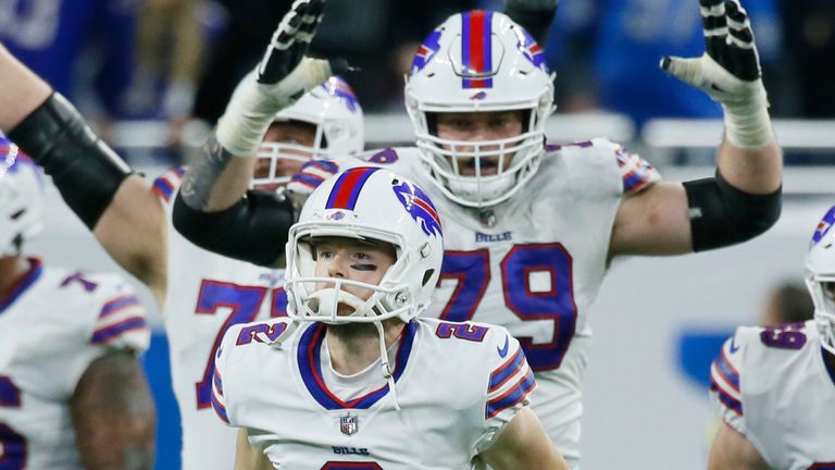 Buffalo Bills place kicker Tyler Bass celebrates with his team-mates after their stunning late win over the Detroit Lions