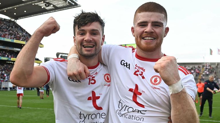 11 September 2021; Tyrone players Conor McKenna, left, and Cathal McShane celebrate their side's victory after the GAA Football All-Ireland Senior Championship Final match between Mayo and Tyrone at Croke Park in Dublin. Photo by Piaras .. M..dheach/Sportsfile