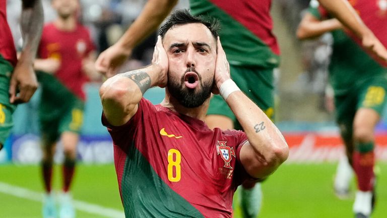 Bruno Fernandes celebrates after doubling Portugal&#39;s lead from the penalty spot