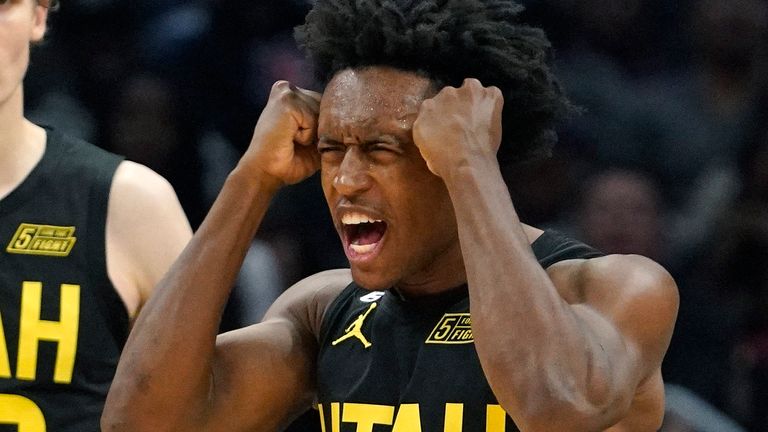 Utah Jazz guard Collin Sexton celebrates after scoring against the Los Angeles Clippers