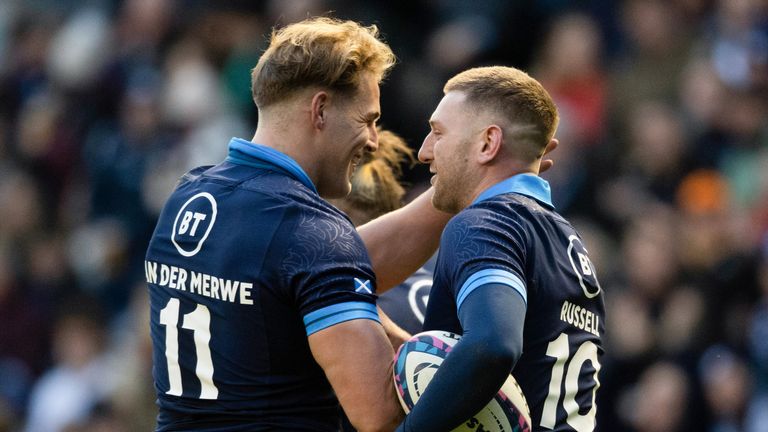 Duhan van der Merwe celebrates scoring his try with Finn Russell