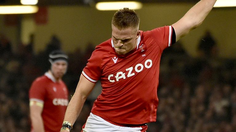 Wales Gareth Anscombe converts a try during the rugby union international match between Wales and New Zealand at the Principality Stadium in Cardiff Wales, Saturday, Nov. 5, 2022. (AP Photo/Rui Vieira)