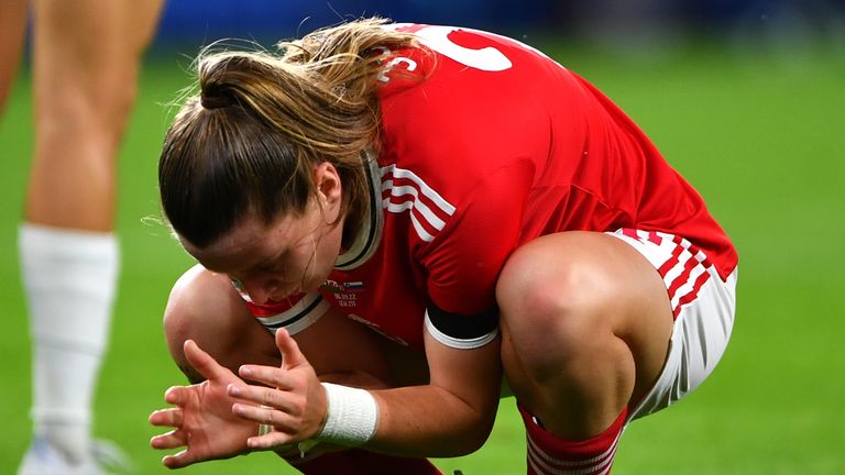 Wales' Carrie Jones reacts to a missed chance during the 2023 FIFA Women's World Cup Qualifying, Group I match at the Cardiff City Stadium, Cardiff. Picture date: Tuesday September 6, 2022.