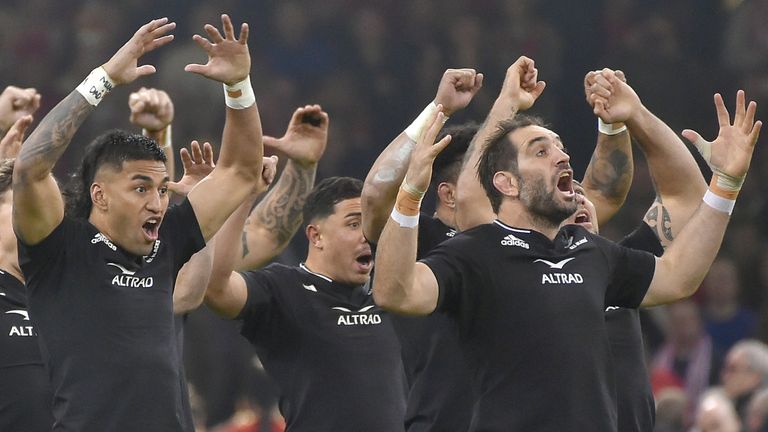Members of the New Zealand team perform the 'Haka' just ahead of the start of the rugby union international match between Wales and New Zealand at the Principality Stadium in Cardiff Wales, Saturday, Nov. 5, 2022. (AP Photo/Rui Vieira)
