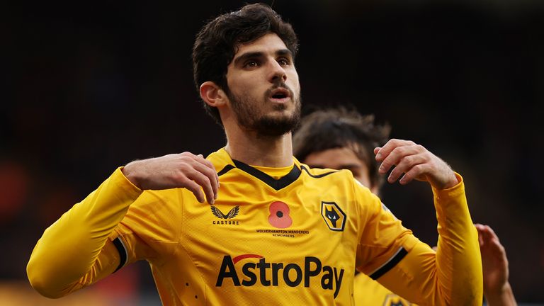 Goncalo Guedes celebrates after equalising for Wolves against Brighton