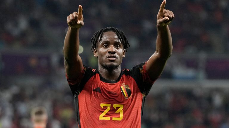 Michy Batshuayi celebrates after opening the scoring for Belgium against Canada