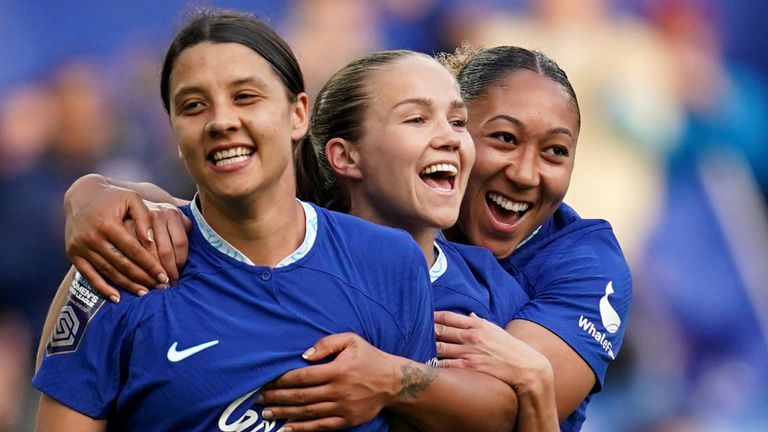 Sam Kerr celebrates her first-half goal with team-mates Guro Reiten and Lauren James