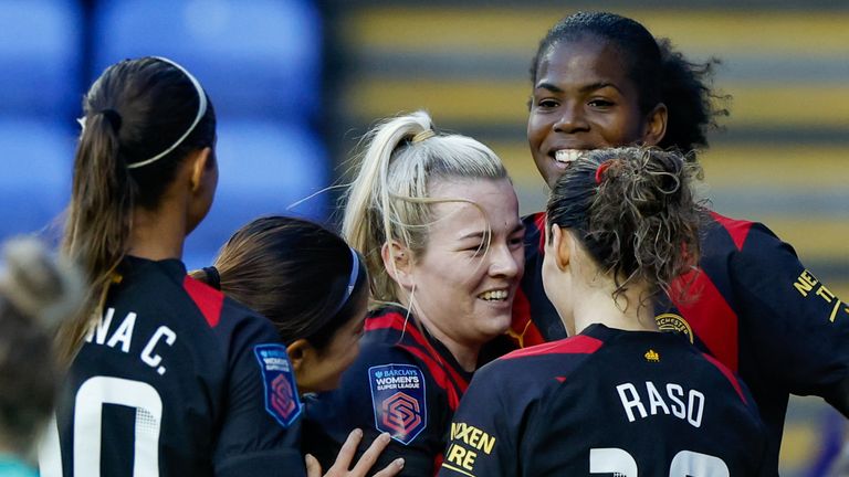 Lauren Hemp, Khadija Shaw and Abby Dahlkemper celebrate a goal during Man City's win at Reading