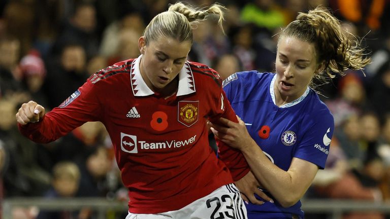 Manchester United&#39;s Alessia Russo and Chelsea&#39;s Niamh Charles in action during the Barclays Women&#39;s Super League match at Leigh Sports Village