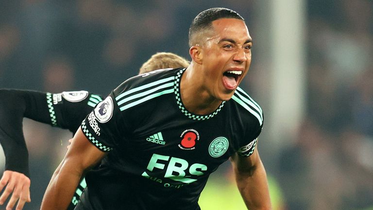 Youri Tielemans celebrates after scoring a stunning goal for Leicester at Everton