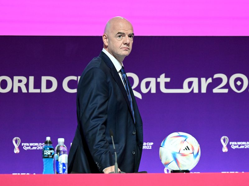 Doha, Qatar. 16th Dec, 2022. 2022 FIFA World Cup Press Conference before  Final Games Dec 16th. Gianni Infantino, President of FIFA speaking to the  press Credit: Action Plus Sports Images/Alamy Live News