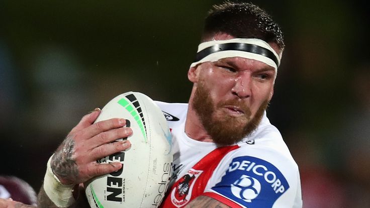 SYDNEY, AUSTRALIA - JULY 22: Josh McGuire of the Dragons is tackled during the round 19 NRL match between the St George Illawarra Dragons and the Manly Warringah Sea Eagles at Netstrata Jubilee Stadium, on July 22, 2022, in Sydney, Australia. (Photo by Jason McCawley/Getty Images)