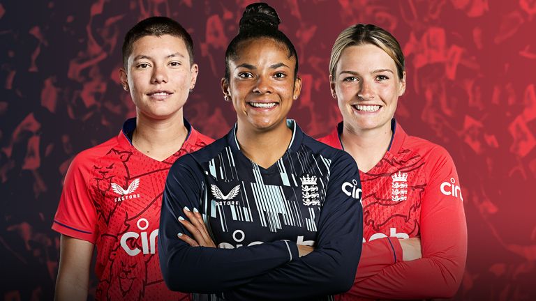 England Women cricket 2023 - Issy Wong, Sophia Dunkley, Lauren Bell (left to right)