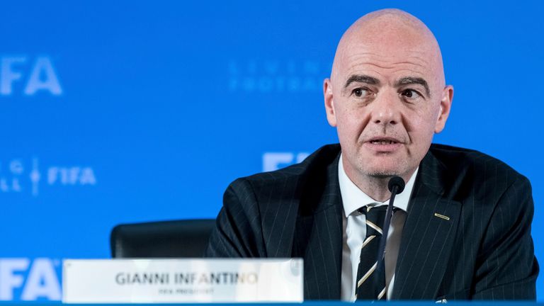 Gianni Infantino, the current president of FIFA, attends the FIFA Council Meeting at which FIFA officially announces that 2021 FIFA Club World Cup will be held in China, in Shanghai, China, 24 October 2019. (Imaginechina via AP Images)
