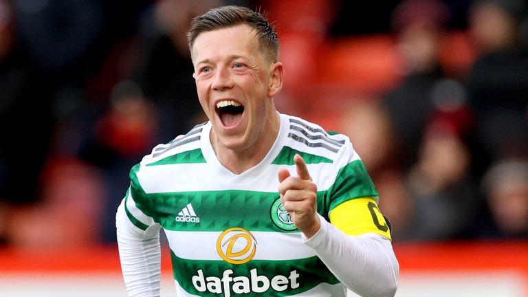 Callum McGregor celebrates after scoring a late goal for Celtic at Aberdeen