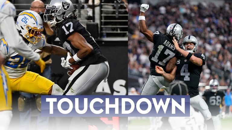 Las Vegas Raiders wide receiver Davante Adams makes his second incredible one-handed catch in as many weeks, this one for a TD in the Week 13 win over the Los Angeles Chargers. 