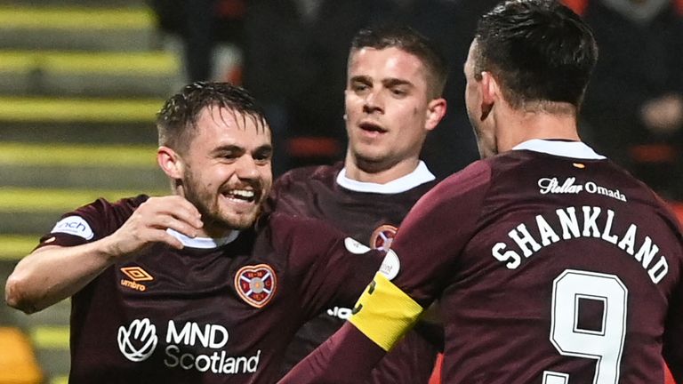 PERTH, SCOTLAND - DECEMBER 28: Hearts&#39; Alan Forrest celebrates after scoring to make it 2-0 during a cinch Premiership match between St. Johnstone and Heart of Midlothian at McDiarmid Park, on December 28, 2022, in Perth, Scotland. (Photo by Paul Devlin / SNS Group)