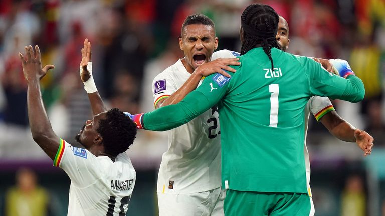 Ghana goalkeeper Lawrence Ati-Zigi, Daniel Amartey, Denis Odoi and Alexander Djiku celebrate