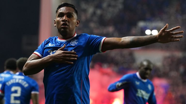 Rangers' Alfredo Morelos celebrates scoring the third goal against Hibs