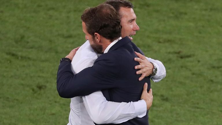 July 3, 2021, Rome, United Kingdom: Rome, Italy, 3rd July 2021. Andriy Shevchenko Head coach of Ukraine embraces Gareth Southgate Head coach of England following the final whistle of the UEFA Euro 2020 Quarter Final match at the Stadio Olimpico, Rome. Picture credit should read: Jonathan Moscrop / Sportimage(Credit Image: © Jonathan Moscrop/CSM via ZUMA Wire) (Cal Sport Media via AP Images)