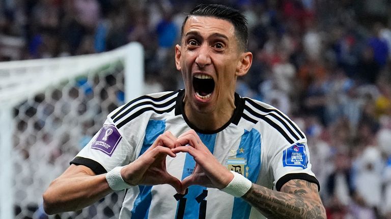 Argentina&#39;s Angel Di Maria celebrates scoring his side&#39;s second goal during the World Cup final soccer match between Argentina and France at the Lusail Stadium in Lusail, Qatar, Sunday, Dec. 18, 2022. (AP Photo/Natacha Pisarenko)