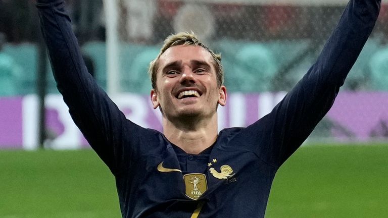 France's Antoine Griezmann celebrates after the World Cup semifinal soccer match between France and Morocco at the Al Bayt Stadium in Al Khor, Qatar, Wednesday, Dec. 14, 2022. (AP Photo/Francisco Seco)