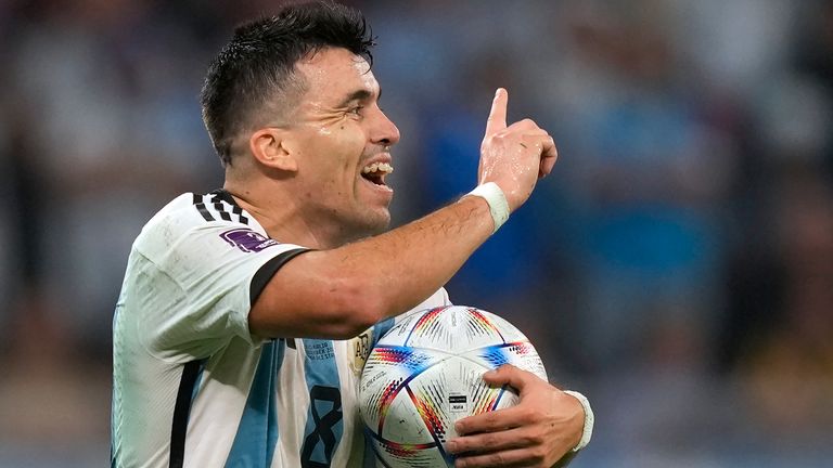 Marcos Acuna gestures towards the referee